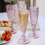 Pink Flute Glasses 150ml Set Of 4 Glass Embossed Flower Champagne Prosecco Wine