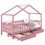 Lit cabane ELEA lit enfant simple montessori 90 x 200 cm, avec 2 tiroirs de rangement, en pin massif lasuré rose