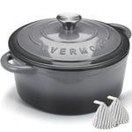 Overmont Cocotte en fonte émaillée – Casserole de 4,5 l avec couvercle et maniques en coton – Batterie de cuisine robuste pour braiser, ragoûts, rôtir, pain gris