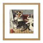 Painting 19th Century American Cat And Kittens 8X8 Inch Square Wooden Framed Wall Art Print Picture with Mount