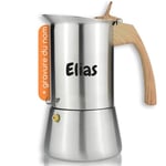 Milu cafetière Italienne Induction avec gravure | 2, 4, 6, 9 Tasses | Cafetière Moka en INOX, Espresso Maker Acier Inoxydable, Ensemble comprenant un sous-verre (Aspect bois, 4 tasses 200ml)