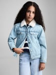 Mango Kids' Lisa Faux Fur Contrast Collar Denim Jacket, Open Blue