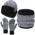 Homme Hiver Bonnets Gants Tactiles Echarpe Ensemble Cable Knit Slouchy Chapeau avec Doublure en Polaire, Noir Blanc