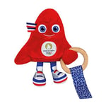 Doudou et Compagnie - Doudou Hochet avec Anneau Bois pour Bébé - Doudou Mascotte Officielle des Jeux Olympiques et Paralympiques Paris 2024 - Peluche Phryge Rouge - 14cm - Dès la Naissance - JO2423