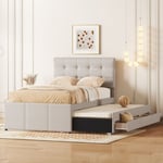 Lit adulte 90x200 cm en lin avec lit gigogne et 3 tiroirs - tête de lit réglable - Beige