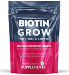 Biotin 10,000mcg + Zinc & Copper 180 Tablets | Hair, Skin & Nails Growth - Vegan