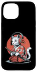 Coque pour iPhone 15 Japon Kawaii Cat Samurai Casque Casque Manette de Jeu Vidéo