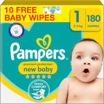 Pampers Premium Protection New Baby Size 1, 180 Nappies, 2Kg-5Kg, 10 Count