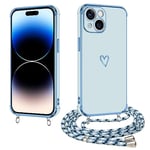 E-Lush Coque pour iPhone 15 avec Cordon, Coque pour iPhone 15 Silicone avec Motif Coeur d'amour Mignon Étui Housse Antichoc avec Collier Réglable Lanyard Case, Bleu