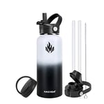 XACIOA Water Bottle Vacuum Insulated 32oz 40oz with Straw Lid,Stainless Steel Drink Flask with Flip Top Bottle Lid,Metal Wide Mouth Double Walled Leak Proof Keeps Hot Cold (White/Black, 32oz)