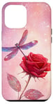 Coque pour iPhone 15 Pro Max Jolie rose rouge et libellule avec étoiles et libellules roses