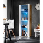 Komodee Vitrine Armoire Tivoli, Wotan/Blanc, Largeur 55cm x Hauteur 159cm x Profondeur 35cm, LED Blu, 3 étagères, pour Salon, Chambre, Entrée