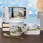 Beach House Design China Mug and Coaster Set, Porcelain Tea / Coffee Mug Gift