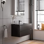 Petit meuble vasque de salle de bain mdf avec lavabo céramique - 100x45,6x50cm - ava - Couleur meuble, couleur vasque : Noir mat, Noir mat - Bernstein