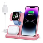 JARGOU Chargeur Induction 3 en 1 pour iPhone 15 14 13 12 11 Pro Max/XR/8/Samsung, Station de Charge pour Apple Watch 9/Ultra 2/SE/8/7/6/5/4, Base Chargeur pour AirPods Pro/3/2 (Rose)