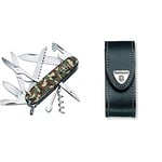 Victorinox Huntsman Swiss Army Pocket Knife, Medium, Multi Tool, 15 Functions, Large Blade, Bottle Opener, Camouflage & Leather Pouch for Swiss Army Pocket Knives, 3cm x 10cm, Black