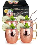 izdeel Verres Moscow Mule Tasses Cuivre Mugs Verres pour Cocktail, Rhum, Boissons Froides, Maison, Bar, Fête, La Saint Valentin Noël Nouvel an Anniversaire Cadeaux, Ensemble (4 Tasses & 4 Pailles)