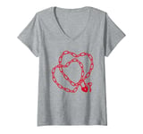 Womens Cute Womens Intertwined Heart Chain Love Lock Valentine' Day V-Neck T-Shirt