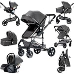 Magic ZC 3 in 1 Pushchair Pram Travel System, Baby Stroller 3 in 1 with Reversible Two Pushing Modes, Newborn Infant Buggy Aluminum Frame, Toddler Carriage One-Click Folding (739 Grey-1)