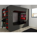 Lit mezzanine Pro Gamer 238x127x183 cm noir graphite et rouge avec bureau - Taggia