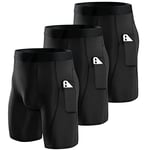 Niksa Lot de 3 Shorts de Compression pour Hommes Short de Compression à Séchage Rapide et Respirant Short de Sport Ajusté avec Poches pour Téléphone Portable Short de Course Basique, Noir, Taille L