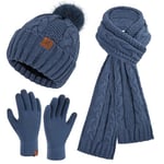 ZASFOU Femme Hiver Bonnet Chapeau Foulard Écran Tactile Gants Ensemble Chenille Pompon Tricot Polaire Doublé Casquette Écharpe Gant Cadeaux pour Femmes