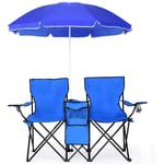 Chaise de Camping Pliante 2 Places avec Parasol, Poche Isotherme et Porte-gobelet,Fauteuil de Jardin Portable en pvc Ideal pour Randonnee, Plage,