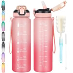 CodiCile 1L Water Bottle with Straw,Water Bottle Dishwasher Safe,Leak-proof Sports Drinks Bottle with Time Maker & Bottle Brush,Non-Toxic for Running,cycling, Gym, School & Office,Pink rosy