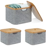 3x Panier de rangement en tissu boîte de rangement gris bambou couvercle poignées HxlxP: 25 x 33 x 33 cm, gris