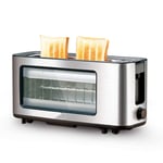 Glass Toaster 2 Slice Long Slot Toasters with Window Artisan Bread Toaster Stainless Steel Wide Slot with Automatic Lifting Slide-Out Glass Panel and Removable Crumb Tray