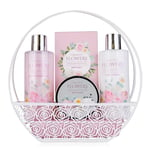 Accentra Dream of Flowers Kit de bain dans panier métallique avec anse, gel douche, lotion pour le corps, sels de bain et gommage pour le corps - Coffret cadeau bien-être pour un anniversaire, la