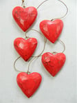 Wooden Hanging Heart Wall Art - String of 5 Shabby Chic Hearts - Vintage Red