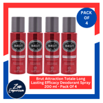 Brut Attraction Totale Long Lasting Efficacy Deodorant Spray 200 ml - Pack Of 4