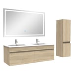 Ensemble meuble salle de Bain 120cm double vasque avec colonne + miroir 3 couleurs Chêne Wotan