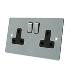 AET FSC2GSOCBS Satin Chrome Flat Black Insert Metal Rocker Switches-13 Amp Double 2-Gang Plug Socket, 240 V