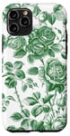 Coque pour iPhone 11 Pro Chinoiserie Toile Vert Motif Roses Feuilles Jardin