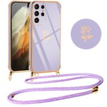 Vauki Coque pour Samsung Galaxy S21 Ultra 5G avec Cordon, Galvanisé Etui Housse avec Motif Flore, TPU Case Antichoc avec Collier Bandoulière pour Samsung S21 Ultra 5G, Violet