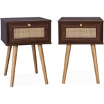 Lot de 2 tables de chevet effet bois foncé et cannage avec 1 tiroir - Bois foncé