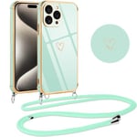 Vauki Coque pour iPhone 15 Pro Max avec Cordon de Collier, Galvanisé Etui Housse avec Motif Coeur d'amour, Antichoc Anti-Rayures Case avec Bandoulière pour iPhone 15Pro Max 6.7", Vert