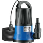 Wiltec Pompe à eau immergée à aspiration plate 400 W – Jusqu’à 1 mm – 6000 l/h – Refoulement max. 7 m, profondeur max. 7 m – Capteur de niveau d’eau