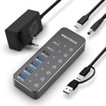 Hub USB Alimenté, RSHTECH Hub USB 3.2/USB C à 7 Ports avec 3*10Gbps Data Ports (USB-A, 2*USB-C), 4*5Gbps USB 3.0 Ports, Touch Switch, 2-in-1 Data Cable (100cm), Adaptateur Alimentation 5V, RSH-ST07C