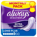 Always Discreet Incontinence Pads Women, Long Plus, Always Discreet Pads, Absorbency 5, 64 Sanitary Towels (16 x 4 Packs), Extra Secure Bladder Weakness Pads Women, Odour Neutraliser