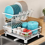 MAJALiS Dish Drying Rack, 2 Tier Dish Drainer Rack with Drip Tray and Drainer Mat, Stainless Steel Dish Rack with Utensil Holder, Swivel Spout, Draining Board for Kitchen Counter, White