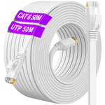 Cable Ethernet 50m, Cat 6 Cable RJ45 50m Câble Réseau Blanc Long Cable Internet Haut Débit 1000Mbps 250MHz, Plat Gigabit Cable LAN Extérieur Intérieur Imperméable pour Routeur Switch Modem (50 Clips)