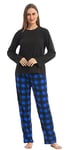 YUSHOW Pyjama Femme en Polaire Ensemble Pijamas Manches Longues Pantalon à Carreaux 2 Pièce Vêtements de Nuit Sleepwear Pjs Set pour Hiver,Bleu À Carreaux,S