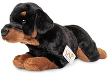 Uni-Toys - Rottweiler, couché, 39 cm (Longueur) – Chien en Peluche, Animal de Compagnie, Doudou en Noir, Marron