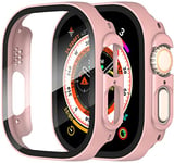 Diruite 2 Pièces Coque pour Apple Watch Ultra/Ultra 2 49mm Protection Écran Dur PC Matériel Ultra Mince Verre Trempé Écran Case,Or Rose,49mm