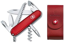 Victorinox Camper Couteau de Poche Suisse, Léger, Multitool, 13 Fonctions, Lame, Ouvre Boite, Tire Bouchon, Rouge & Etui cuir pour Couteau Suisse, rouge