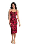 Dress the Population Women's Emma V Neck Embroidered Sleeveless Belted Midi Dress, Fuchsia Multi, XX-Small