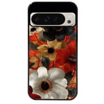 Coque noire pour Pixel 9 fleur blanche et noire